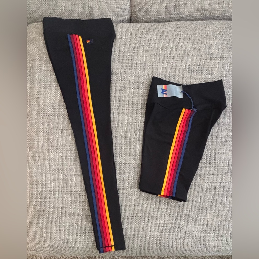 Aviator Nation 🌈 Black Rainbow Stripe Leggings & NWT Biker Shorts Size XS